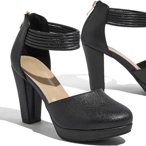 Closed Toe Heels Platform Heels Ankle Strap Dress Shoes for Women-BLK - Picture 3 of 4